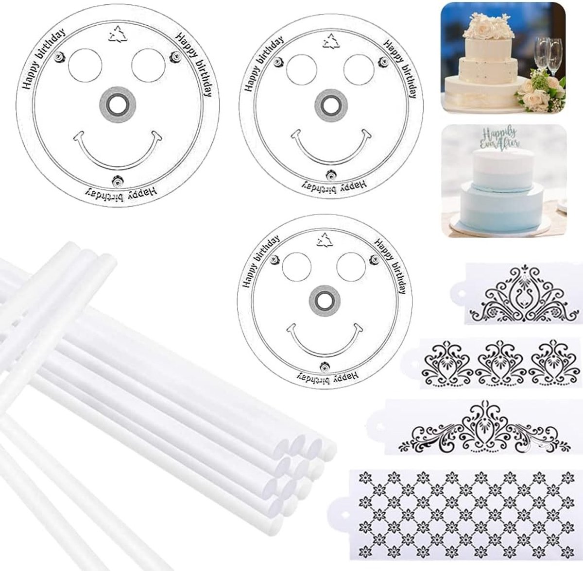 Multi Floor Taartstandaard met 4 Taarttemplates, 18 Plastic Steunen, Ideaal voor Bruiloften en Verjaardagsfeesten (9/12/16 cm)