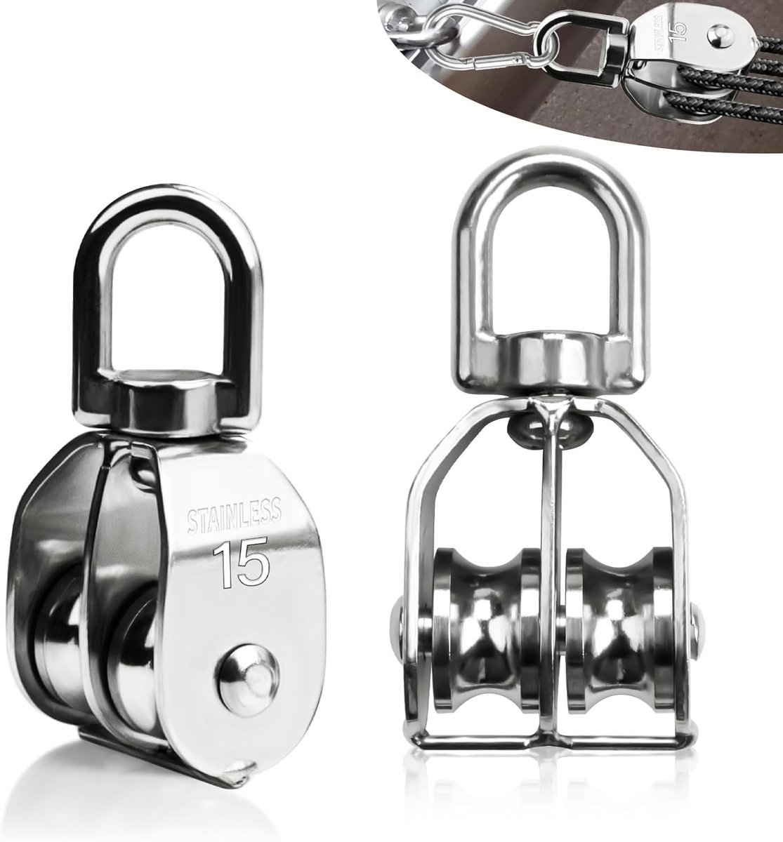 2 Stuks Kleine Pulley 15 mm, Dubbele Kabelrol met 35 kg Draagcapaciteit, RVS 304, Fitness Kabelroller met Lagers voor Kabels tot 6 mm Diameter