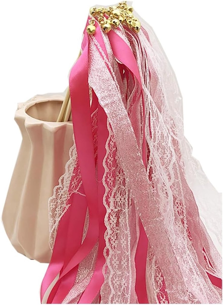 10 Stuks Bruiloft Stokken met Belletjes en Kantlint, Magische Toverstokken voor Bruiloft, Verjaardag en Feestjes in Roze Rood en Rood