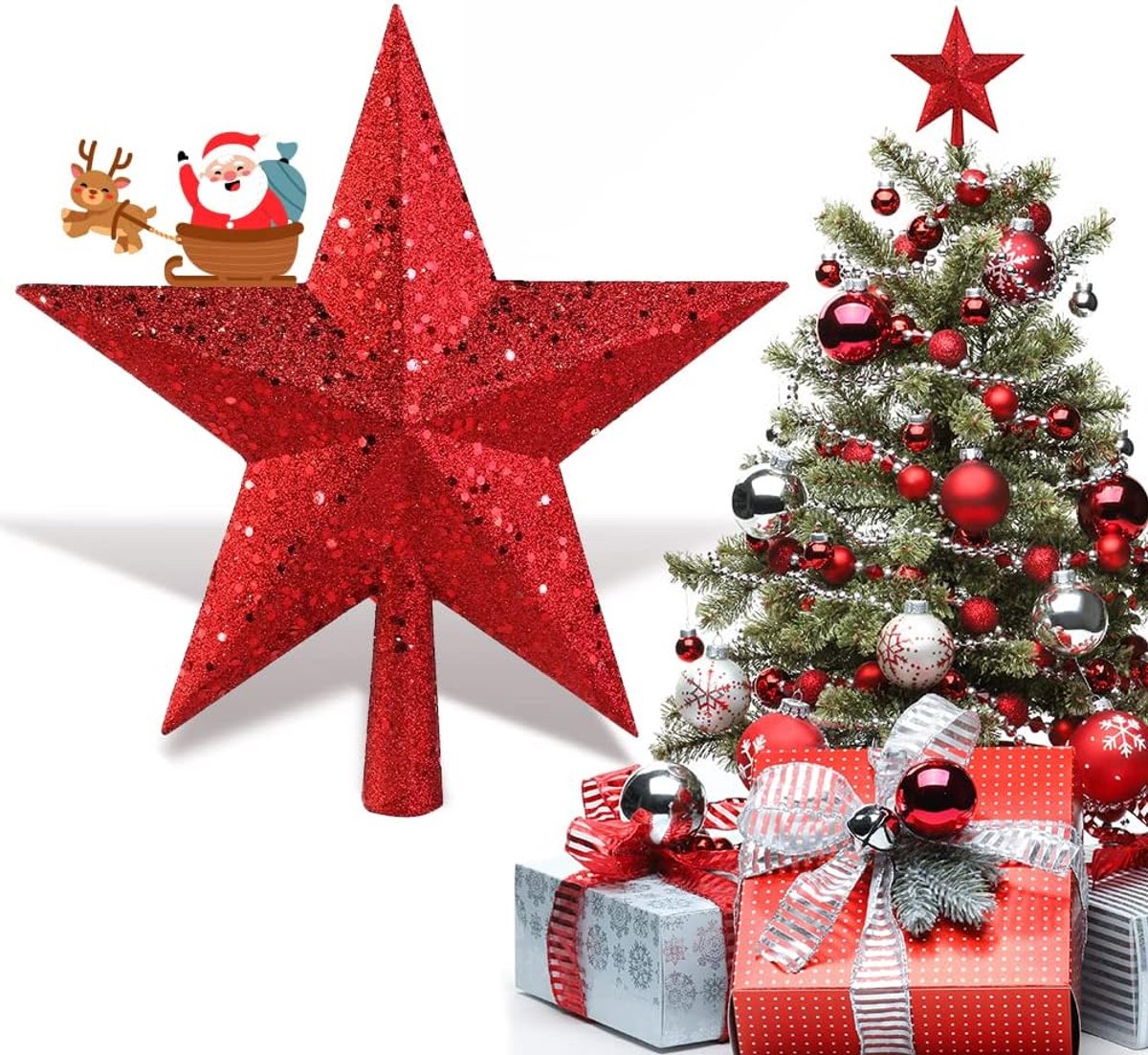 Ster, licht glinsterende kerstboompunt, kerstbomen, decoratie, kunststof kerstboom, sterren, kerstversiering, kerstboomtopper sterren, 20 cm (rood)
