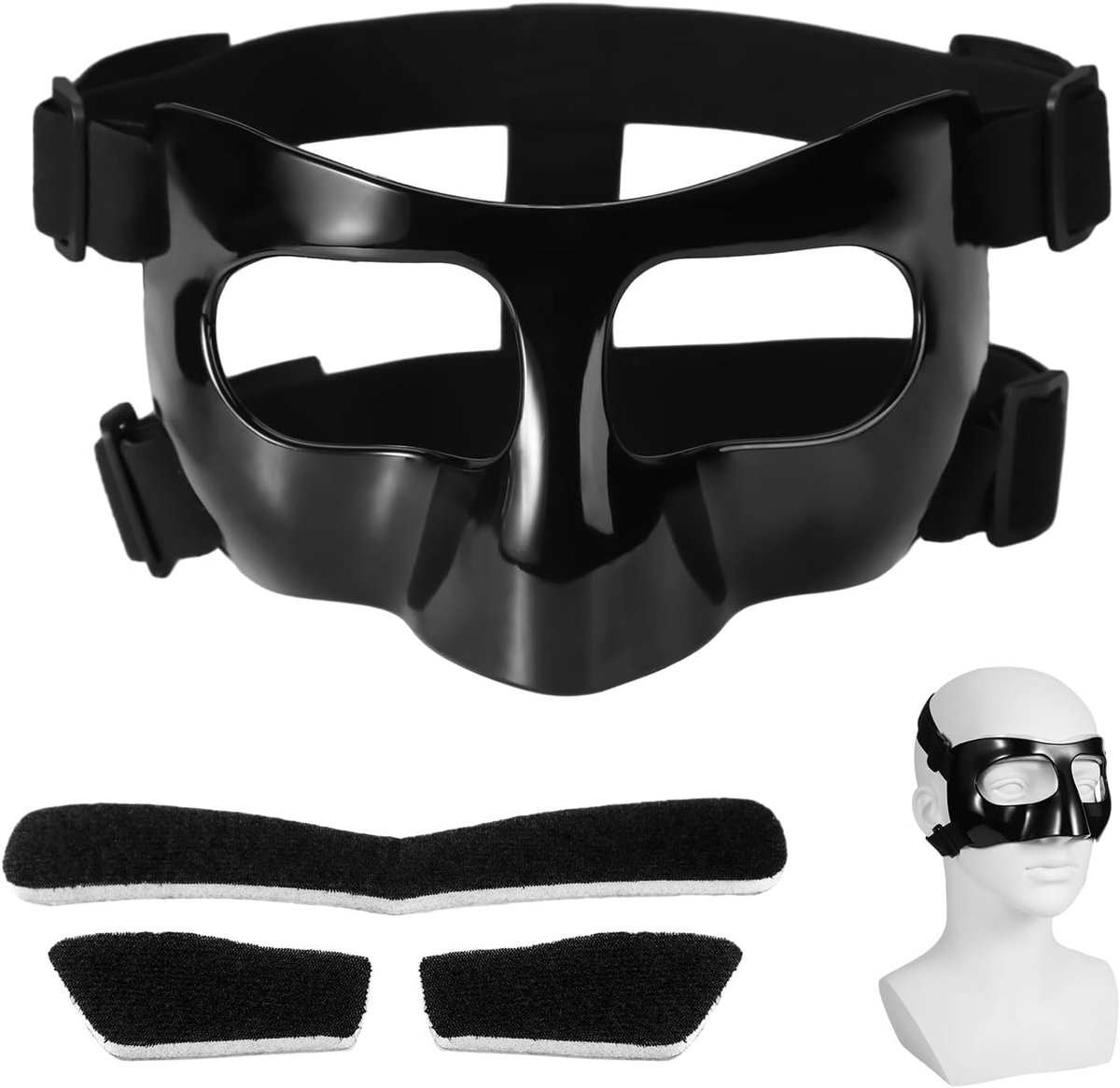 Neusbeschermer voor Gebroken Neus, 15x9,5cm Verstelbaar Gelaatsscherm met Kussentjes Gezichtsbeschermer Gezichtsmasker voor Sporttraining Neusbeschermer voor Volwassenen Tieners (Zwart)
