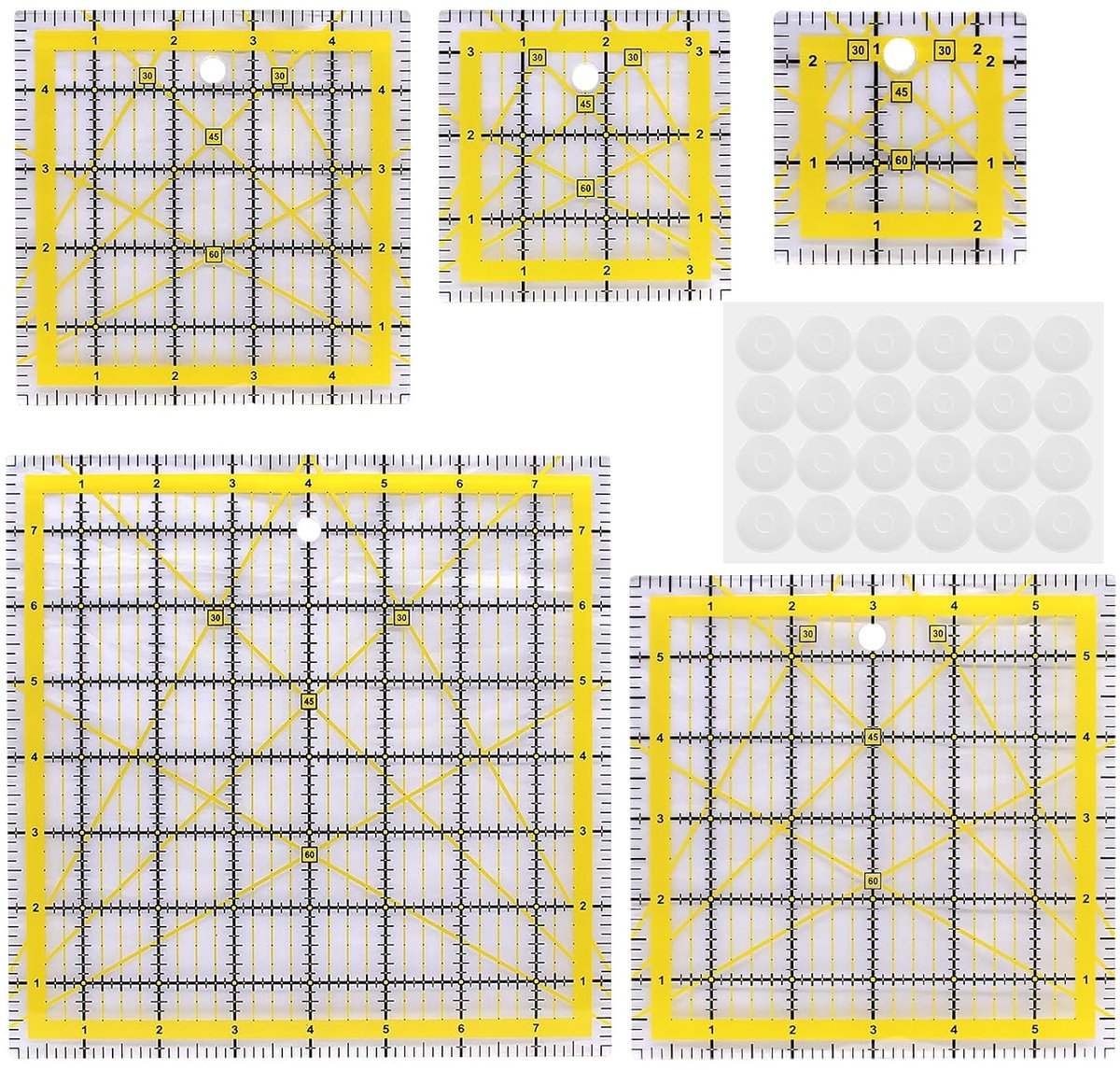 5 stuks patchworkliniaal, quiltliniaal, naaiaccessoires, geodriehoek groot, naailiniaal met hoekindicatoren, beugelliniaal, hittebestendig, handmaat, naaien, antislip handgrepen voor