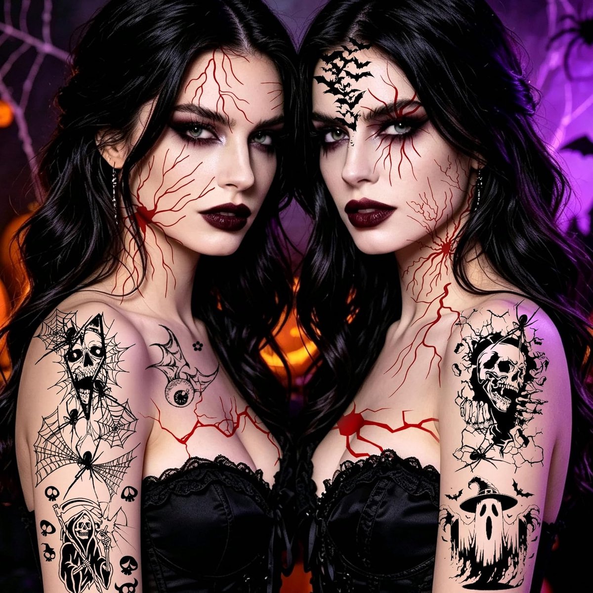 200 stuks Halloween-tatoeages, Ephemere tatoeage, voor heren en dames, gezichtstatoeage, Halloween, neptatoeage, spin