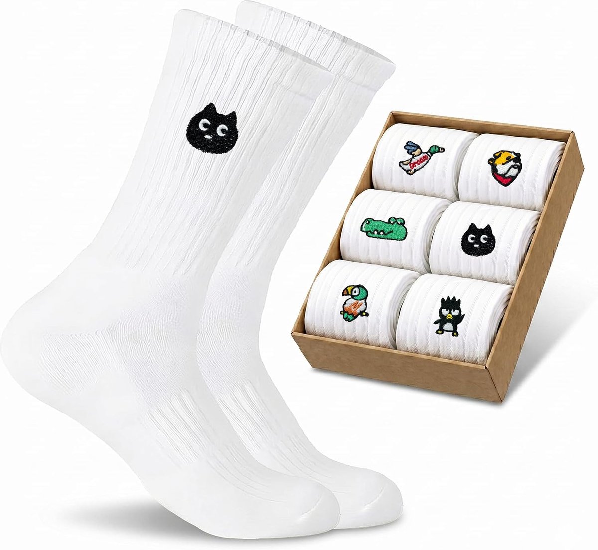 Sokken met borduurpatroon, witte sportsokken voor dames en heren, ademende katoenen sokken met motief (dieren/eten/kunst)