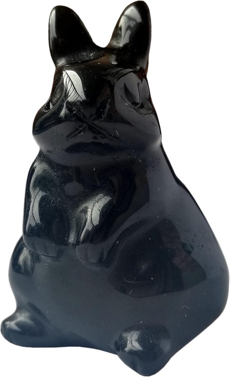Zwarte obsidiaan hand gesneden konijnenbeeldje, 3,5 cm kristallen en helende stenen dierfiguren edelsteen