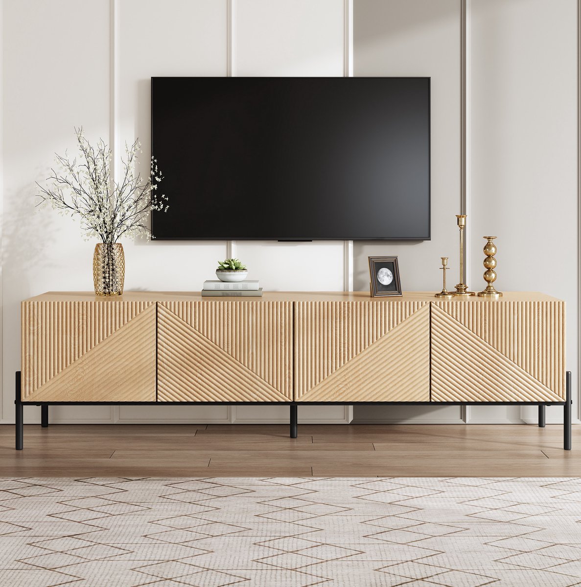 MEUNIQ TV-meubel 163,5 cm met 4 deuren, geometrische 3D-textuur, brede opbergruimte, push-to-open, zwarte metalen poten, naturel voor de woonkamer Natural