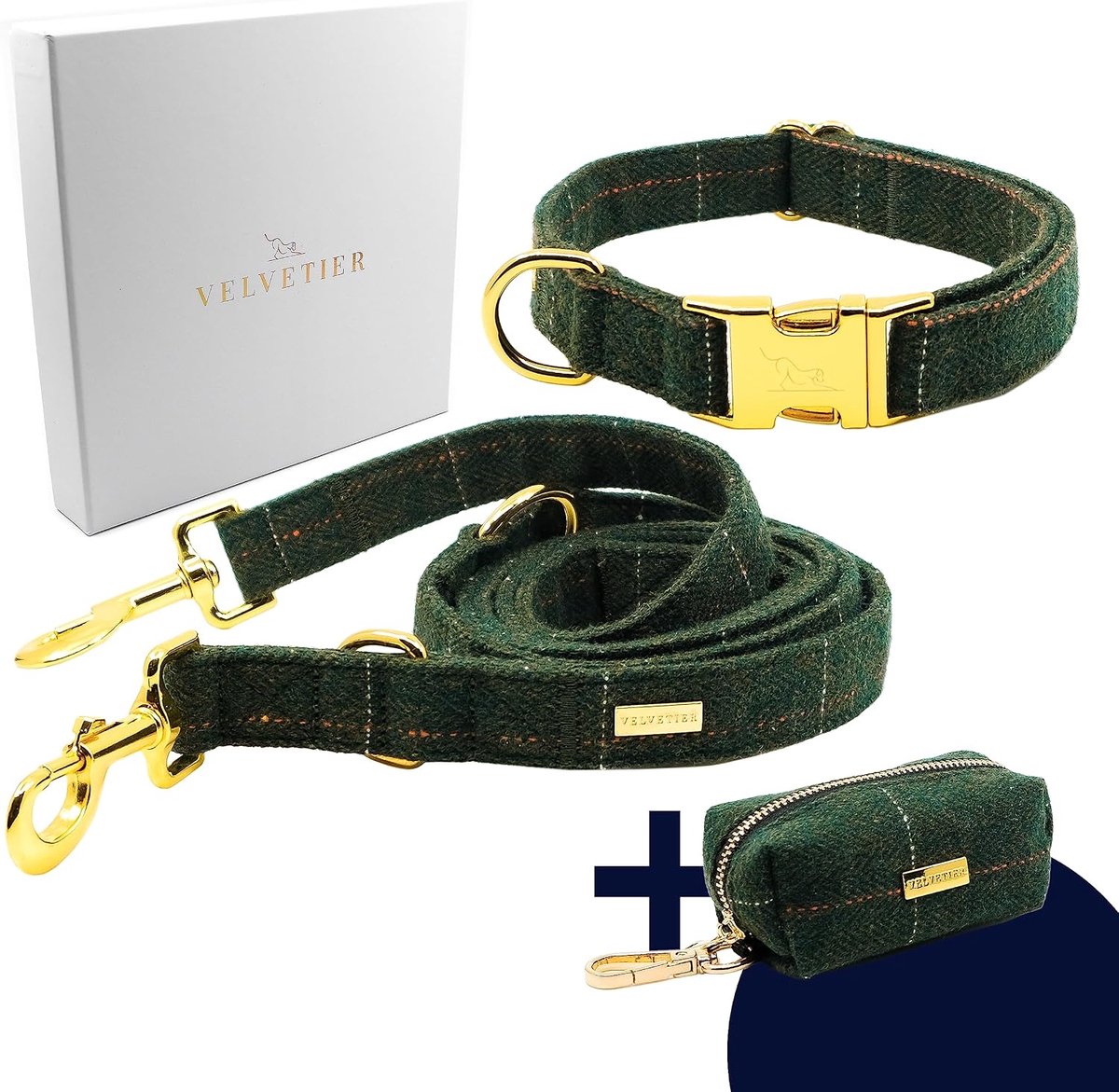 Hondenhalsband set met riem - groene Britse tweed - zakdispenser inbegrepen - elegant en duurzaam - ShopVlot