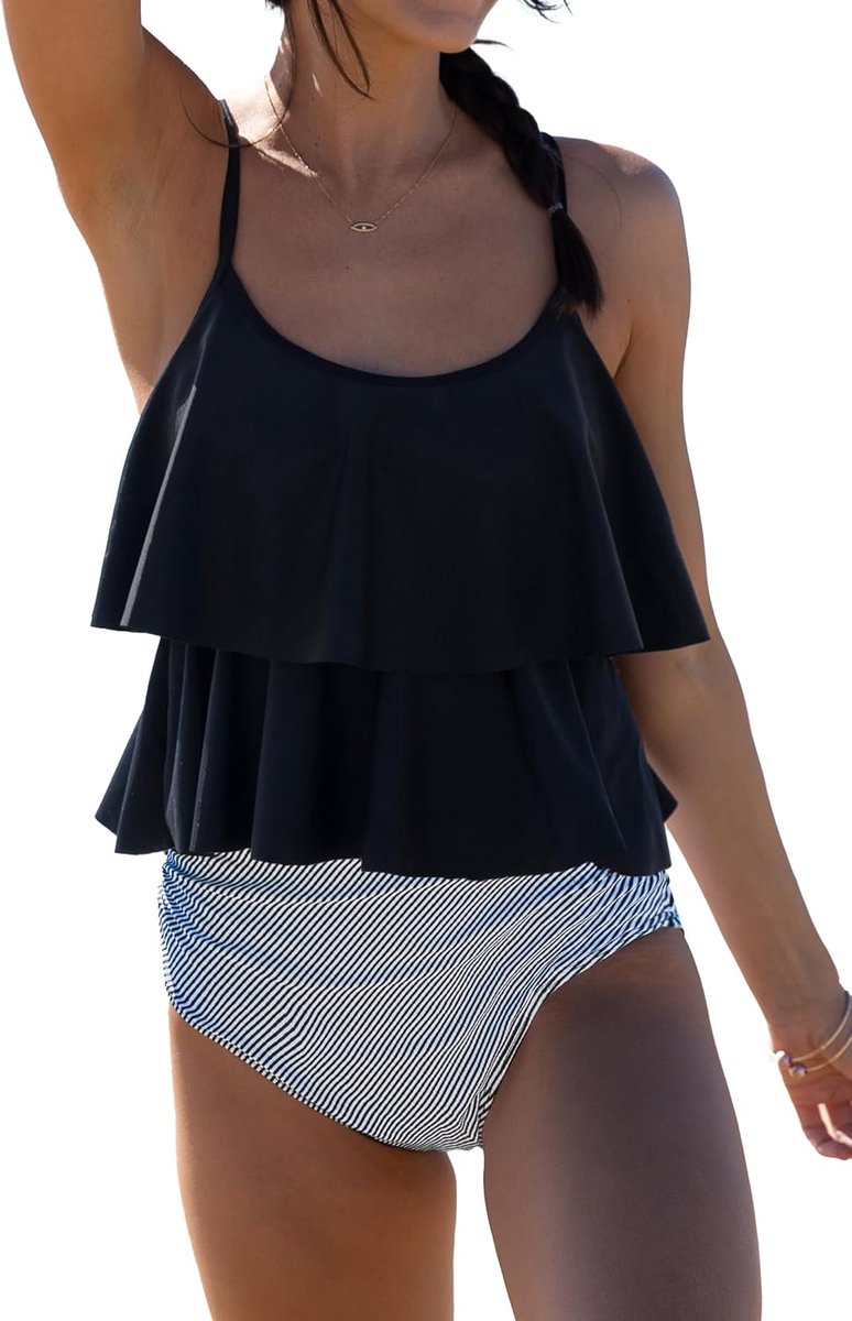 Tankini Badpak Streep Print Hoge Taille Tummy Control 2 Stuk Badpak, Zwart, S