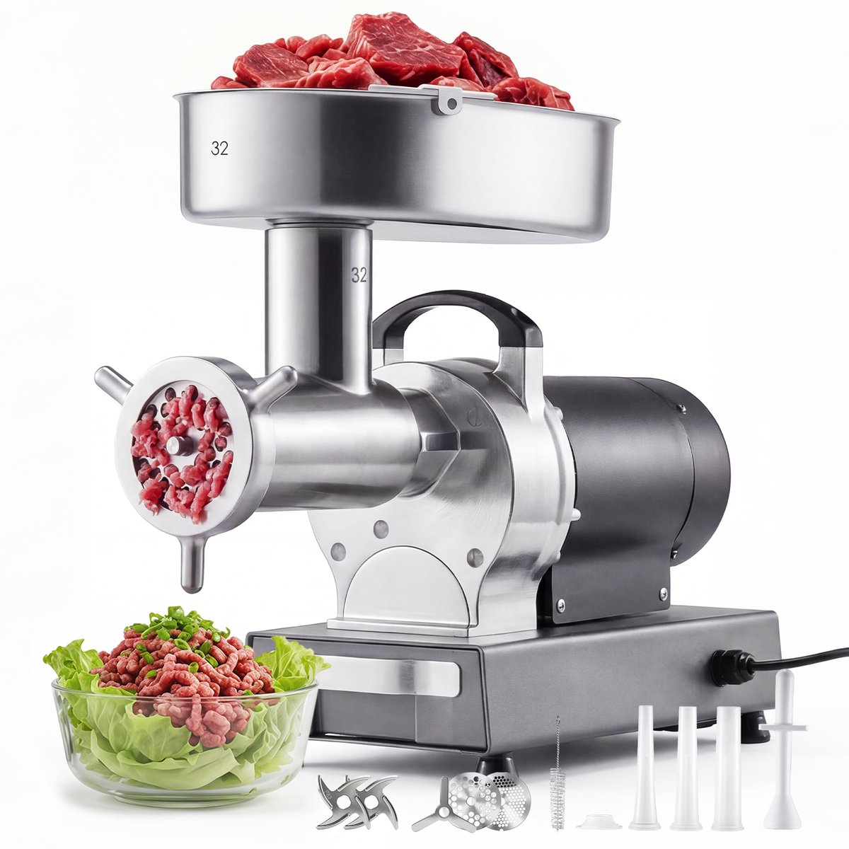 VEVOR Vleesmolen, Capaciteit 9,5 Kg/min, #32 Elektrische Vleesmolen met 3 Geperforeerde Schijven, Worstopzetstuk, 1100 W, 2-in-1 Roestvrijstalen Keukenmachine voor Keukens en Restaurants