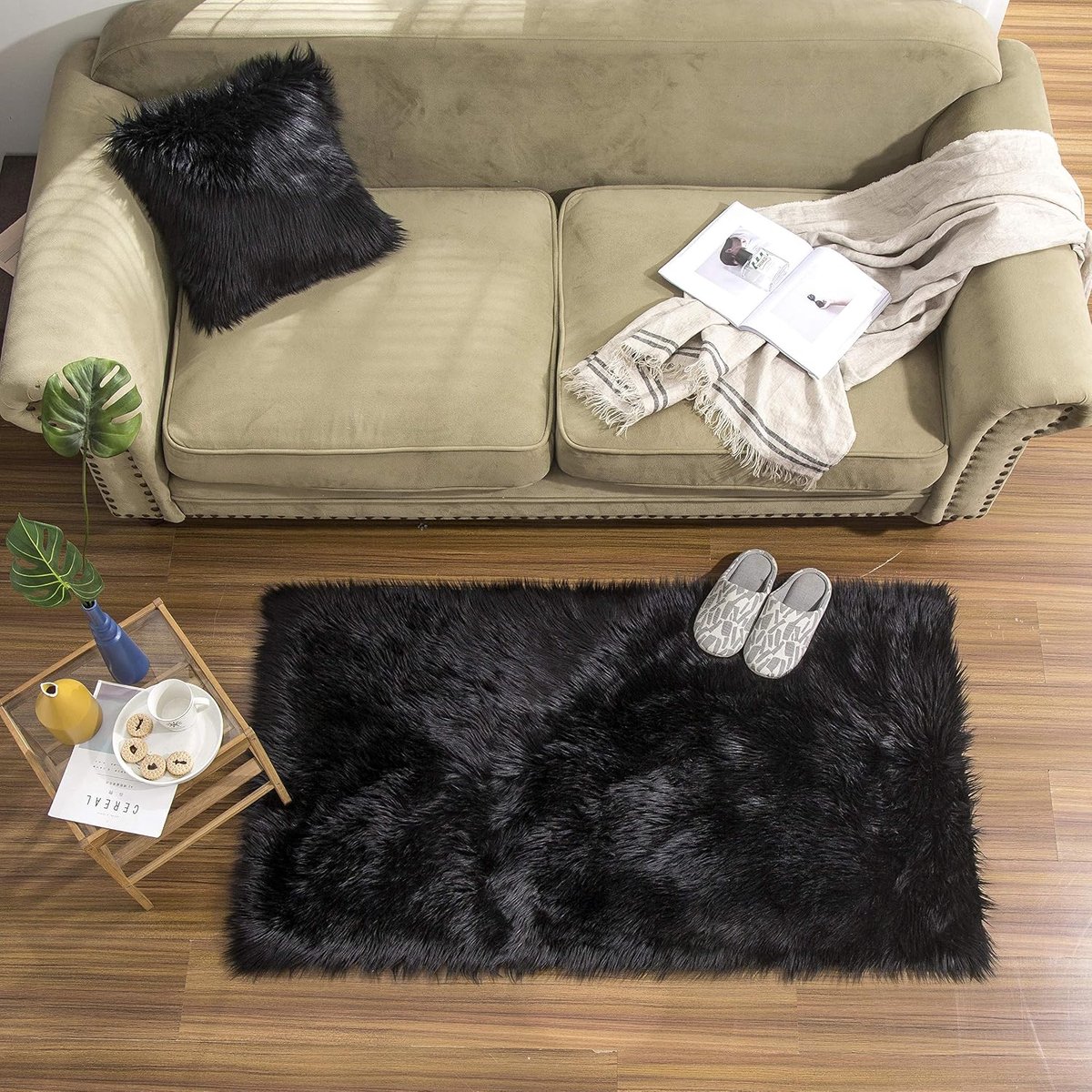 Wölkchen Schapenvacht Tapijt, Imitatiebont Lamsvacht, Schapenvel Imitatievacht - Kunstbont Tapijt Slaapkamer Woonkamer - Wasbaar Bont Tapijt, Decoratiebont - Zwart - 80 x 120 cm Rechthoek