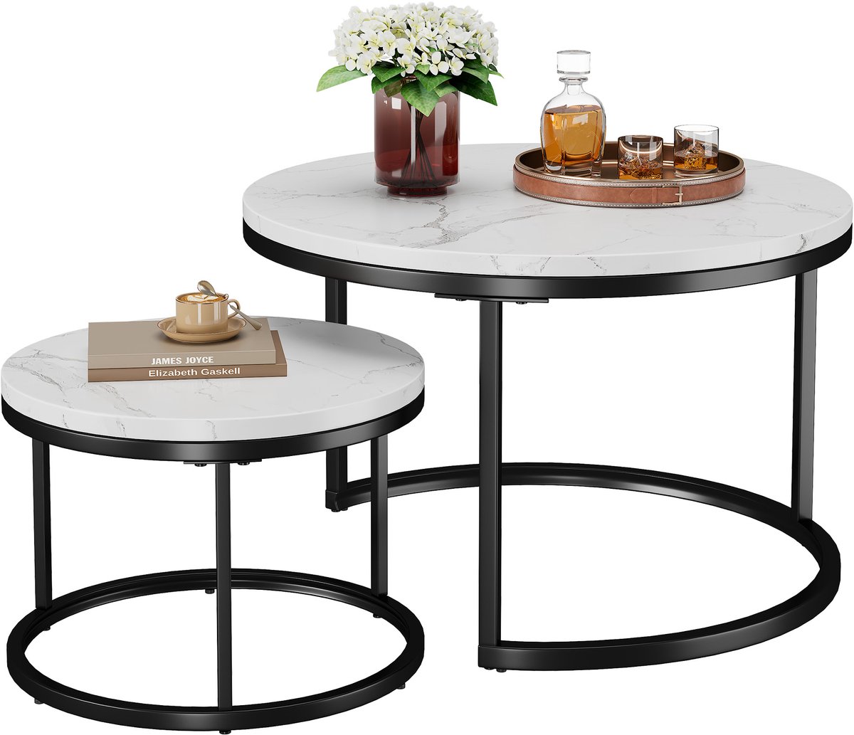 MODFU Salontafel Ø70×45 & 45×35 cm – Set van 2 rond & nestbaar – Marmerlook wit met zwart frame – Ruimtebesparend – Moderne woonkamer tafel – MDF & metaal Zwart + Wit