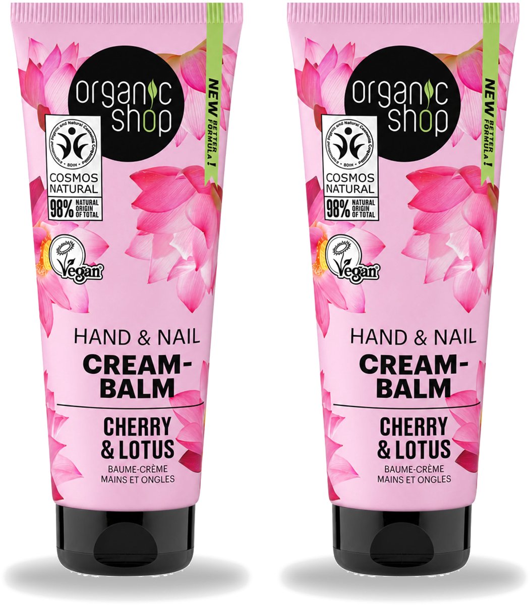 2 x Organic Shop - Hand & Nail Cream - Cherry & Lotus - Verzorgend en Hydraterend - 75 ml - Voordeelverpakking - 2 stuks