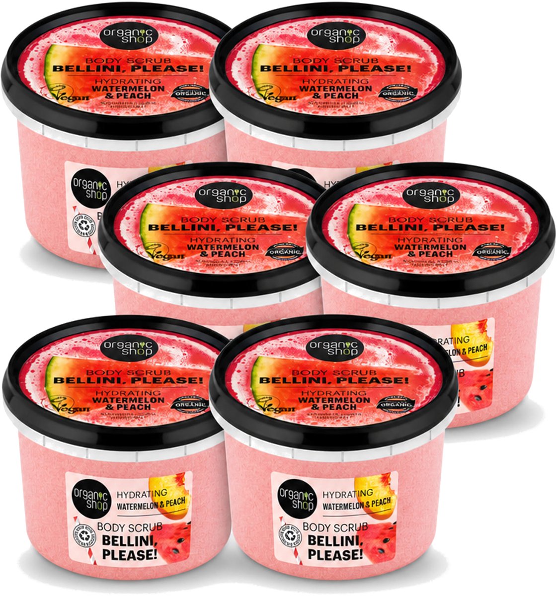 6 x Organic Shop - Body Scrub Watermelon & Peach - Hydratatie en Frisheid - 250 ml - Voordeelverpakking - 6 stuks