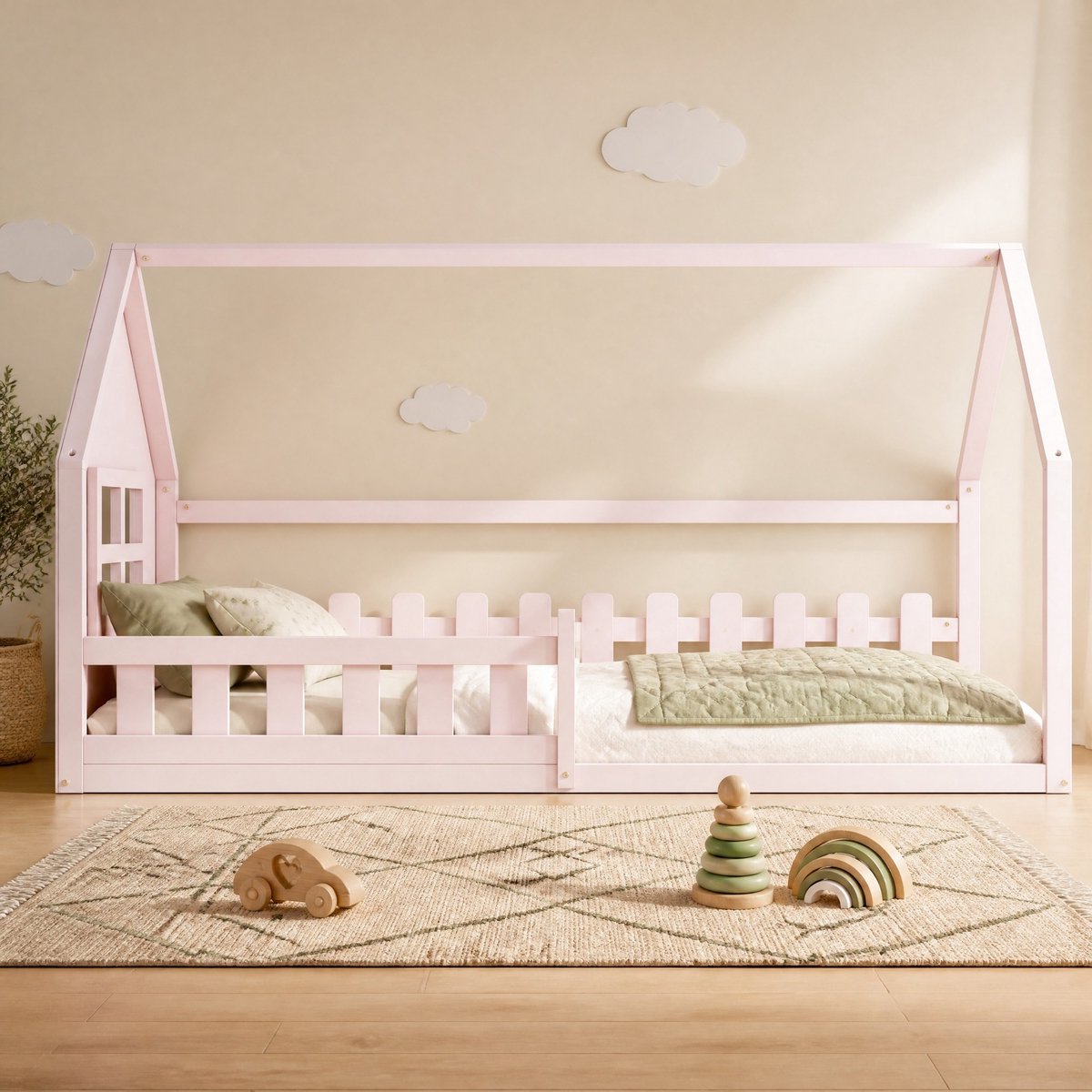 MEUNIQ Kinderbed huisbed 90 x 200 cm met dakframe, uitvalbeveiliging en lattenbodem voor de kinderkamer, roze grenenhout en MDF