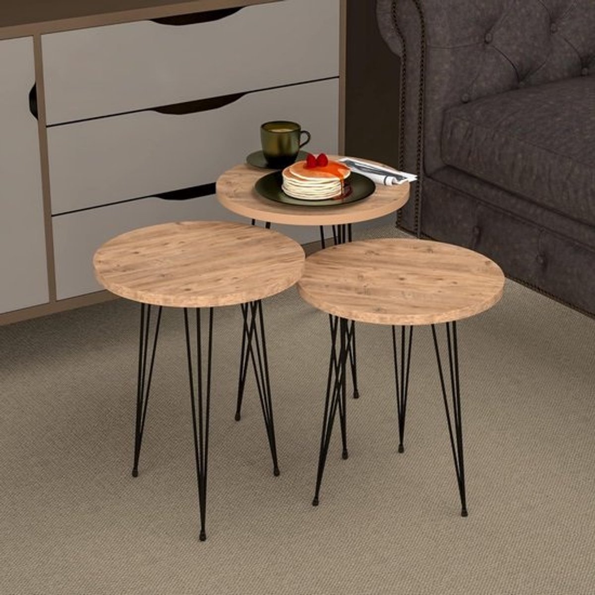 Set van 3 Nestelende bijzettafels Hout en Zwart - Ronde Salontafels