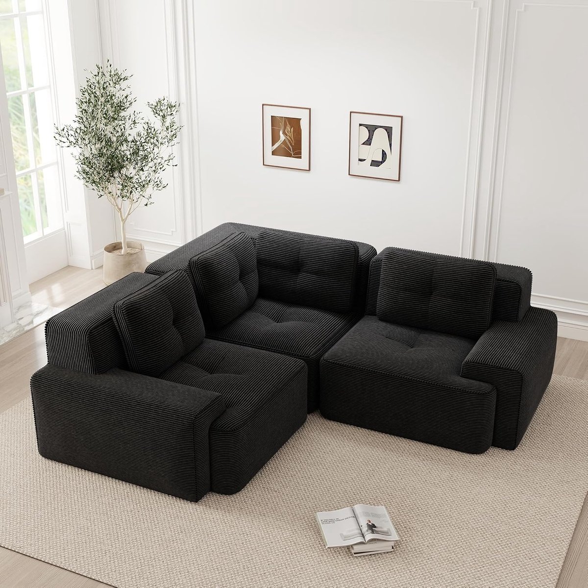 L-vormige modulaire hoekbank, moderne 3-zits corduroy bank met voetensteun, diepe zitting beenloze compressie banken zonder montage gecomprimeerde bank, voor woonkamer (zwart, 3C)