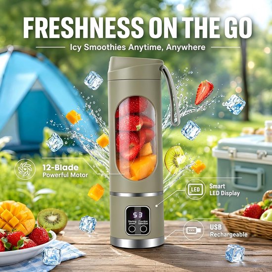 Draagbare blender smoothie maker to go, 450 ml mini-blender, draagbare blender, voor smoothies, ice crush, lekvrij deksel en drinktuit, oplaadbaar voor sport, reizen, outdoor (groen) — afbeelding 5