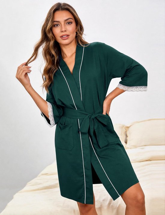 Ochtendjas lichtgewicht kant manchet zomer gewaden 3/4 mouw dames korte badjas met zakken spa hotel loungewear S-XXL — afbeelding 2