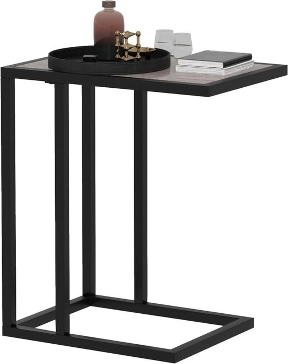 C-vormige bijzettafel met marmeren look - Smalle salontafel voor bank en bed