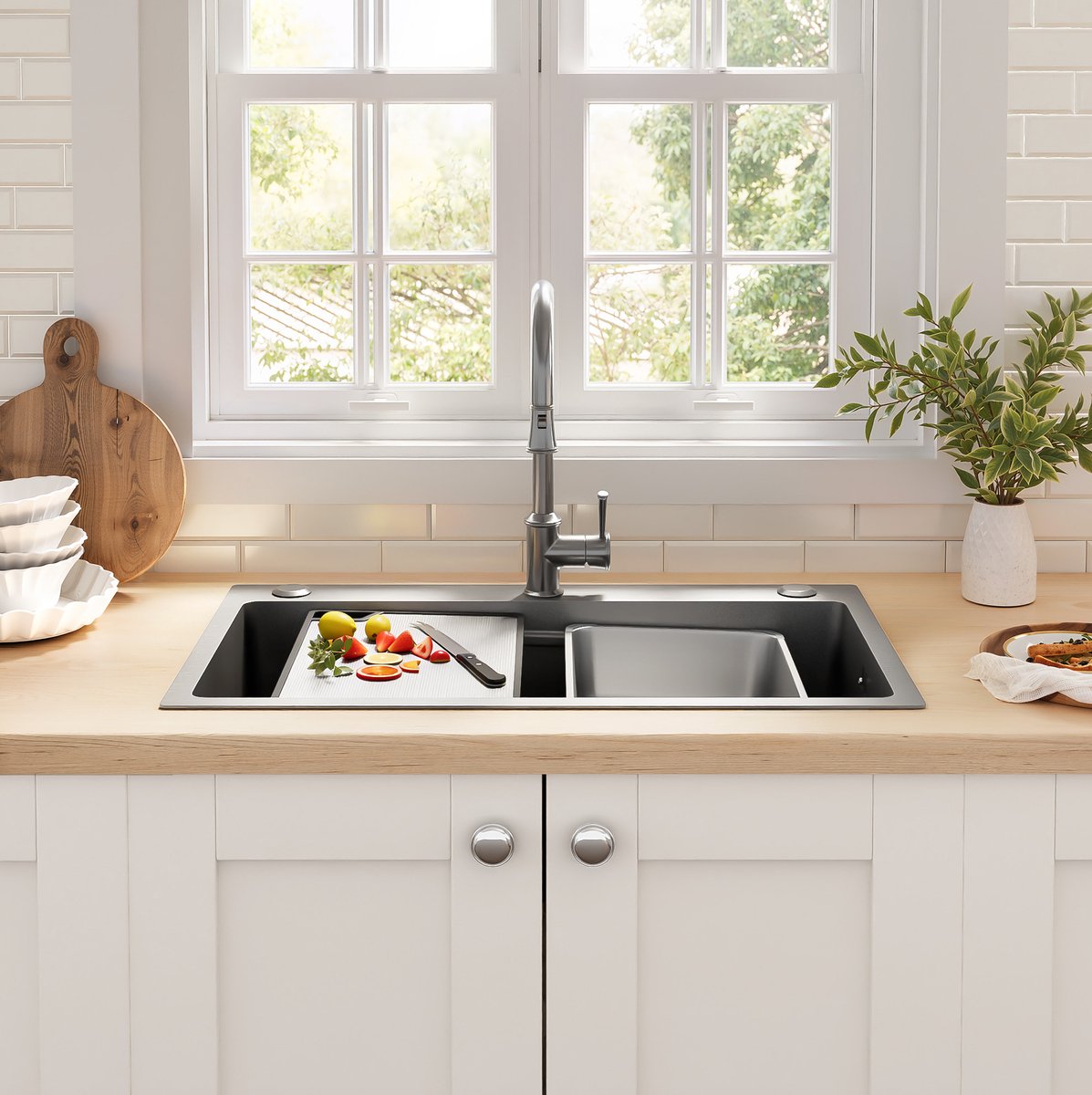 MEUNIQ RVS keukenspoelbak 75 x 45 x 22 cm met extra binnenbak, snijplank, afdruipmand, overloop en 3 kraangaten voor inbouw in de keuken