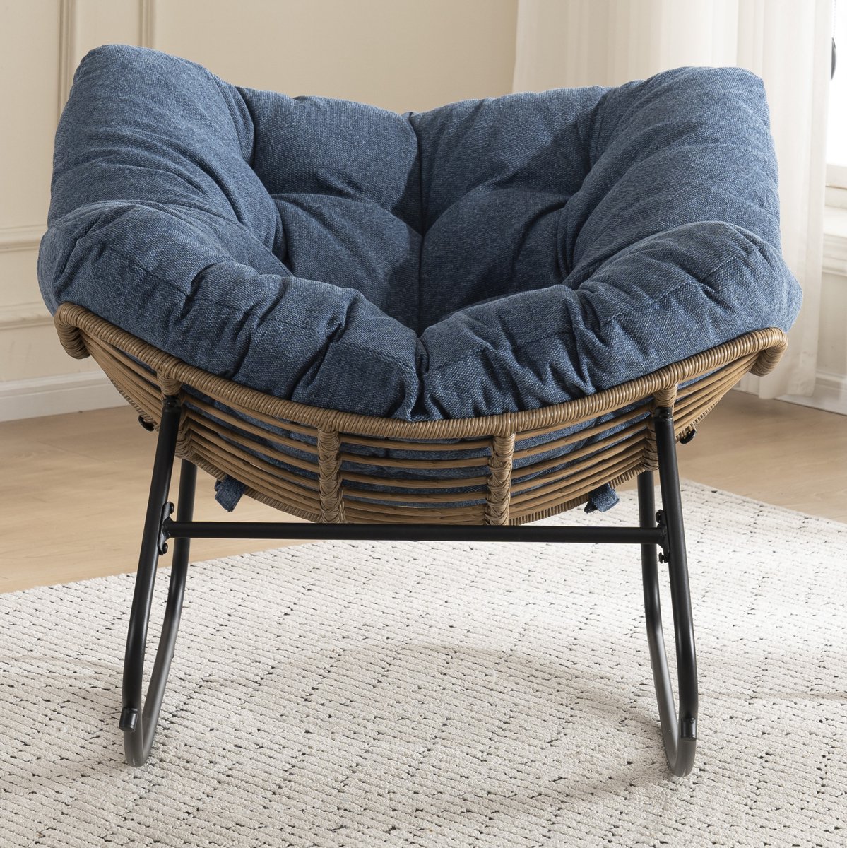 MEUNIQ Schommelstoel Papasan Fauteuil met Gewatteerde Chenille Zitting en Metalen Frame, Blauw, voor Woonkamer, Slaapkamer en Studeerkamer