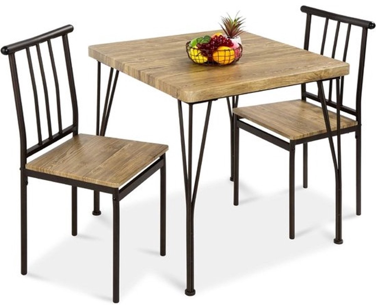Moderne 3-delige Eetkamer Set met Houten en Metalen Tafel en 2 Stoelen voor Keuken en Eetkamer