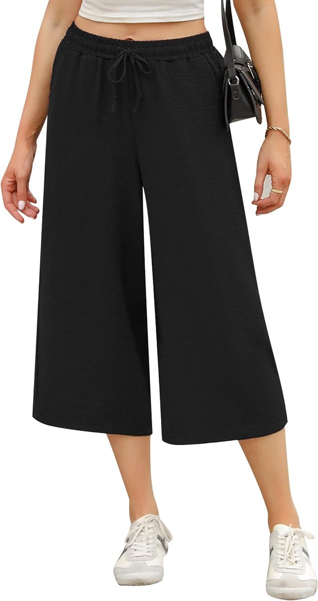 3/4 zomerbroek, lichte vrijetijdsbroek, Palazzo broek, hoge taille, trekkoord, effen, zomerbroek, strandbroek met zak, S-XXL