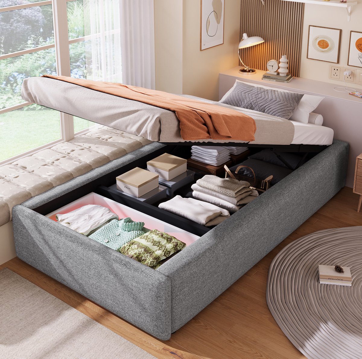 MEUNIQ Gestoffeerd eenpersoonsbed 90x200 cm zonder hoofdbord met hydraulische opbergruimte, bedlade en lattenbodem voor slaapkamer, grijs