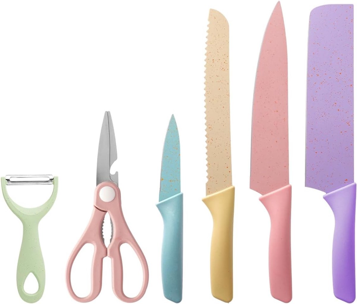 Kleurige 6-delige keukenmessenset met antiaanbaklaag, perfect voor koken, kamperen en picknicken