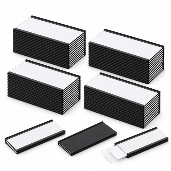 Vijf stapels magnetische labelhouders van 5x2,5 cm, met insteekkaarten.