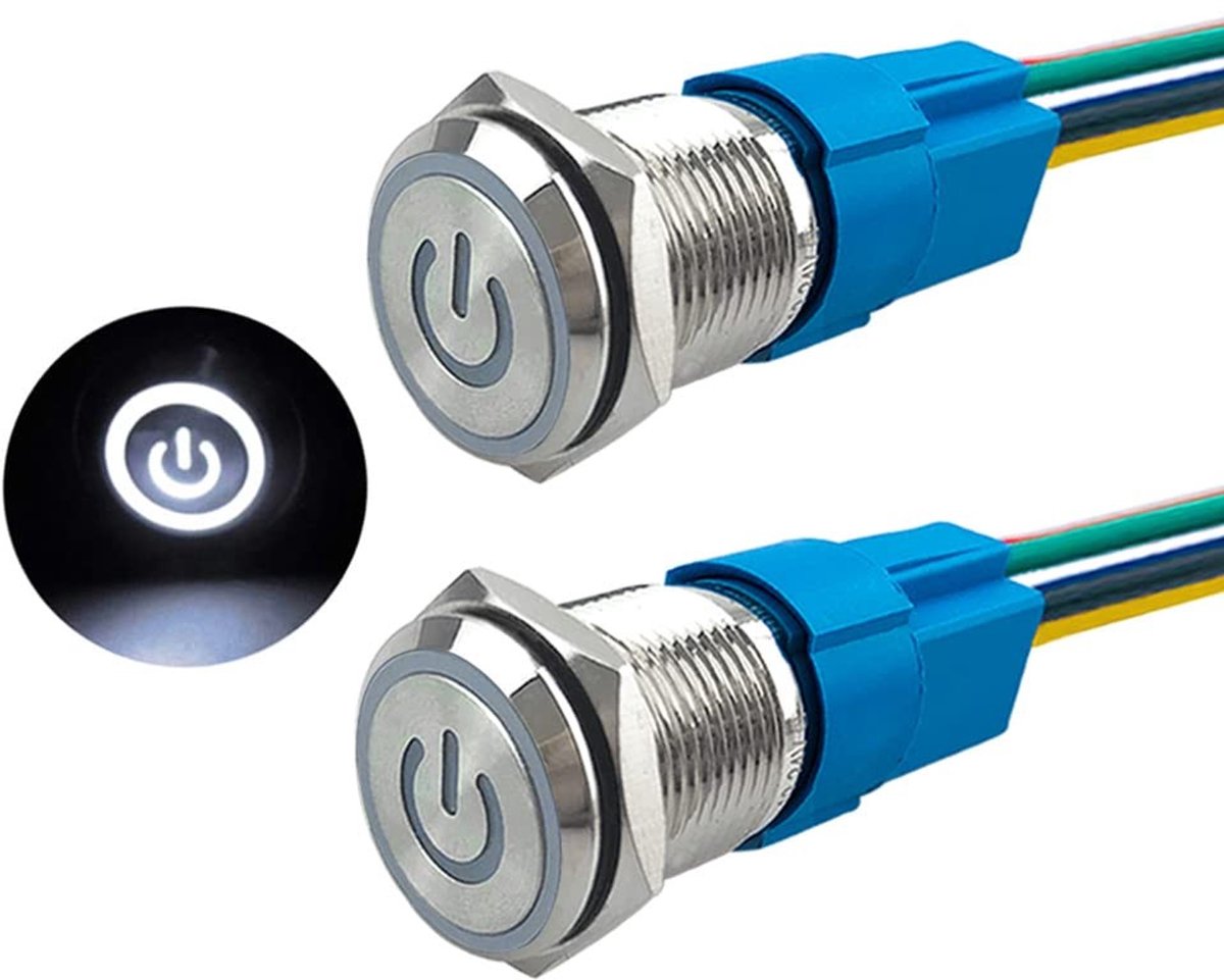 Set van 2 Stuks 16 mm Drukknop Schakelaar, Zelfvergrendelend, 12V/24V, 5A, Roestvrij Staal, Waterdicht IP67, Vooraf Aangesloten Stekker met Witte LED Verlichting