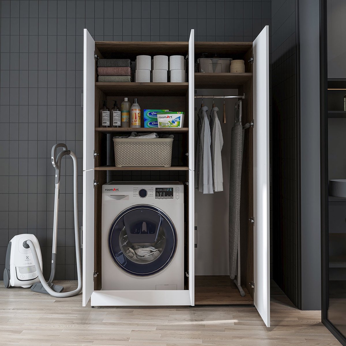 Roomart DORA-II Wasmachine Ombouwkast 115x186 cm - Wit Eiken