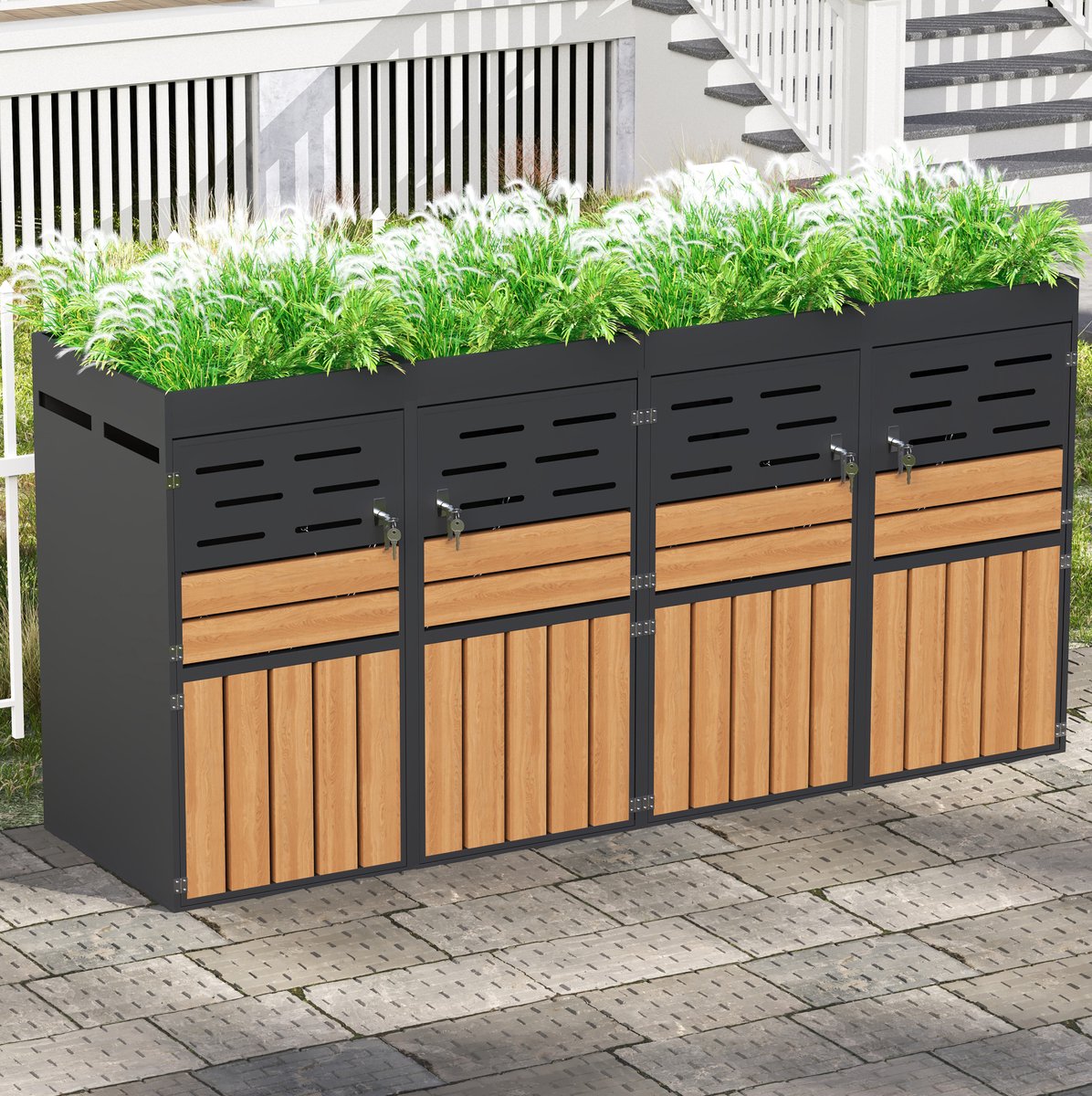 MEUNIQ Containerberging met geïntegreerde plantenbak – 264 x 80 x 128 cm, 4 afzonderlijke vakken, lamellenventilatie en afsluitbare deuren voor tuin en terras, grijs