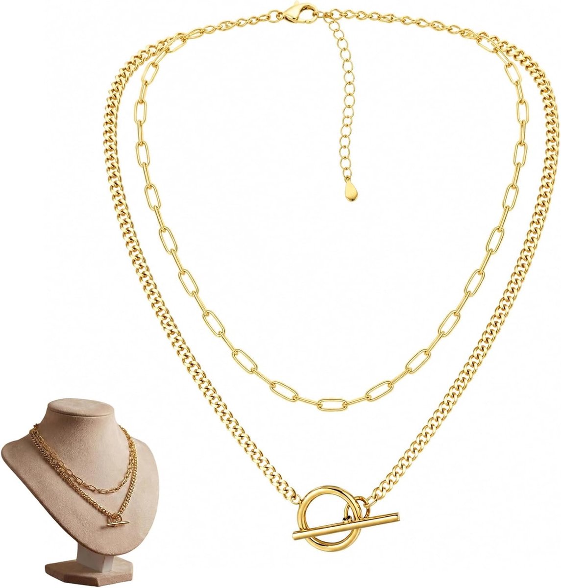 Gelaagde 14K Gouden Kettingen voor Dames - Set met Cuban Link en Paperclip Ketting - Trendy en Aanpasbare Accessoires voor Elke Gelegenheid