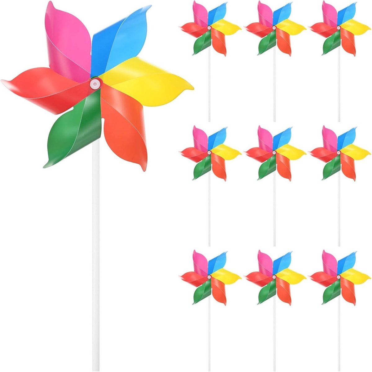 Set van 10 Plastic Wind Spinners met Zes Bladen en Regenboogwielen voor Tuin, Feestdecoraties en Buitenactiviteiten, 22.4 cm Multicolor