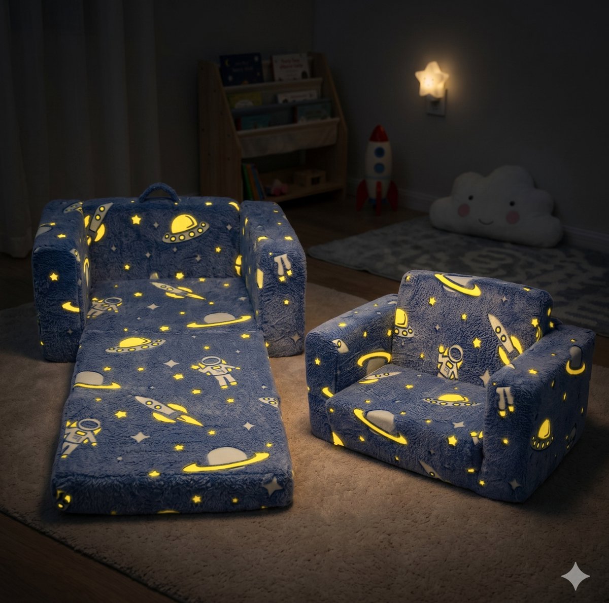 MEUNIQ Uitklapbare kinderfauteuil en pluche kindersofa met astronauten- en raketprint, lichtgevend, met armleuningen voor kinderkamer, blauw, groen en wit