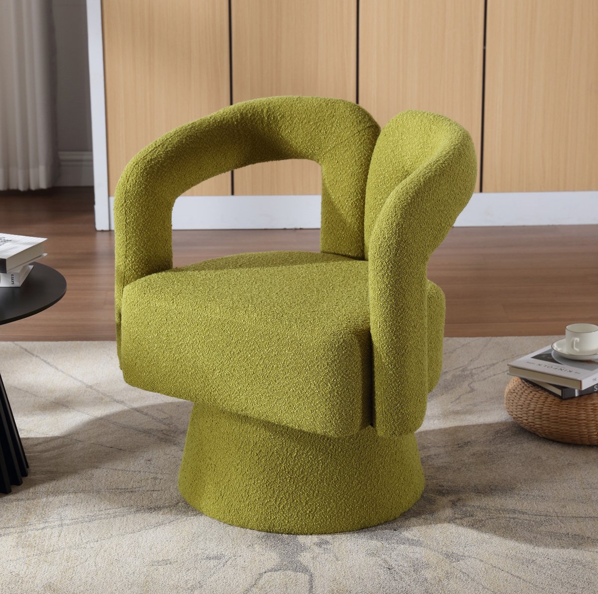 MEUNIQ draaibare fauteuil 360 graden met bouclé stof en armleuningen, B67 x D55 x H74 cm, zitting 44 cm hoog, olijfgroen voor woonkamer of slaapkamer