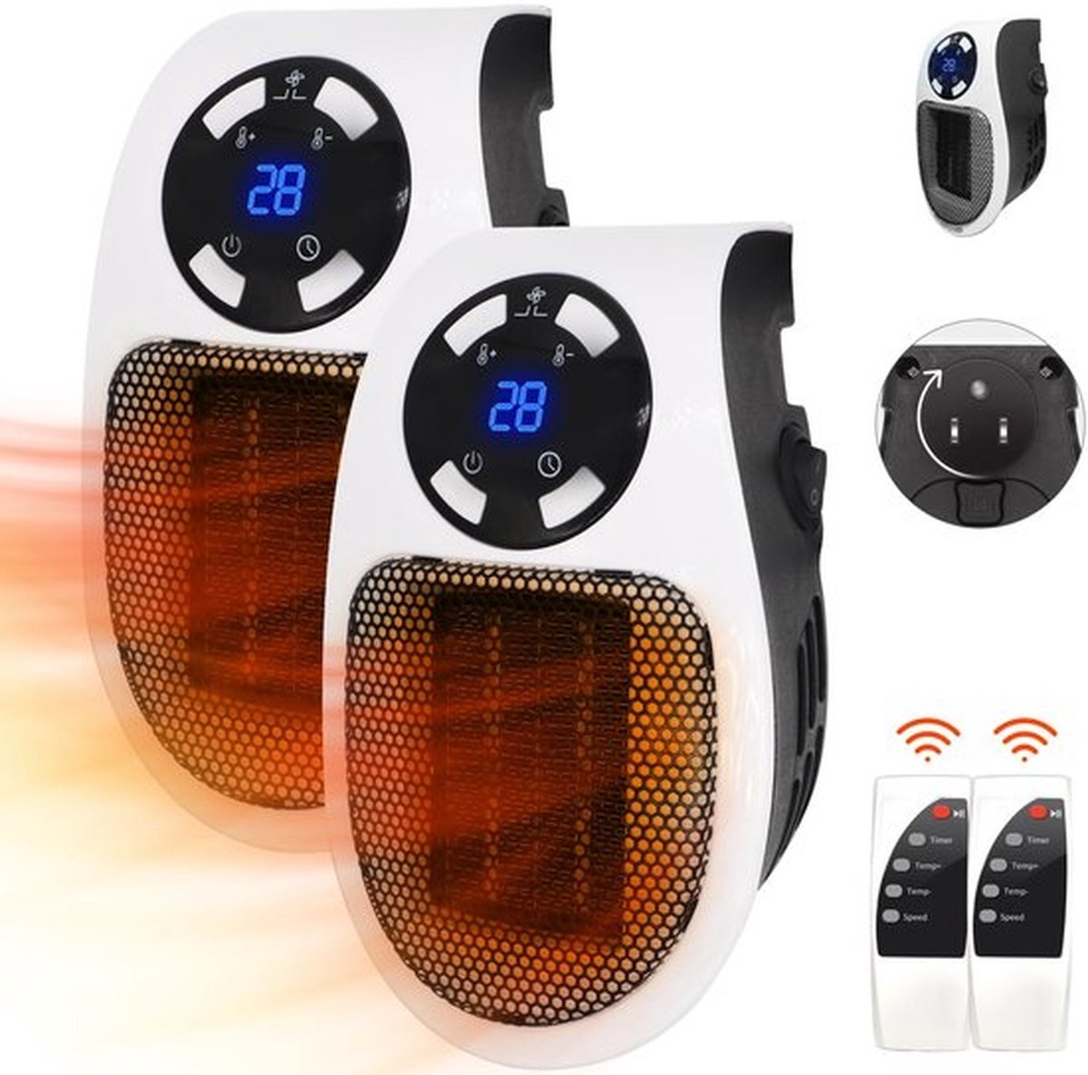2 Stuks Stekkerverwarming, 500W Stopcontact Elektrische Ruimteverwarming, Kleine Draagbare Ruimteverwarming Met Regelbare Thermostaat, Timer En Led-display Voor Gebruik Op Kantoor, Badkamer, Slaapkamer En Binnen.