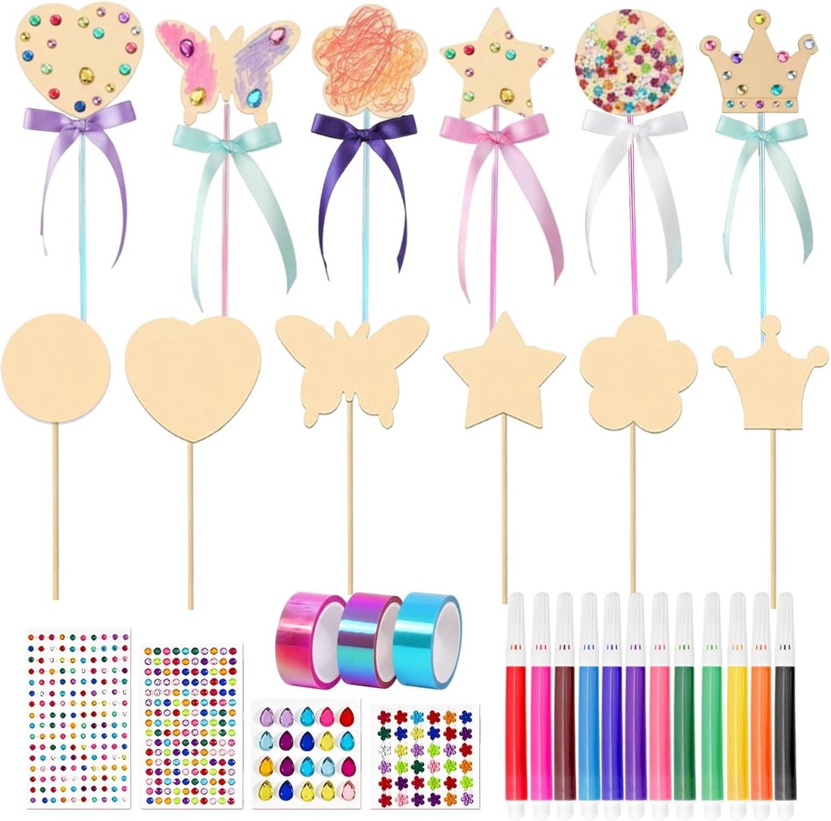 12-delige Magische Toverstaf Set met Houten Staven, Waterverf Potloden, Plakband en Stickers voor Verjaardagsfeestjes en Creatieve Knutselprojecten