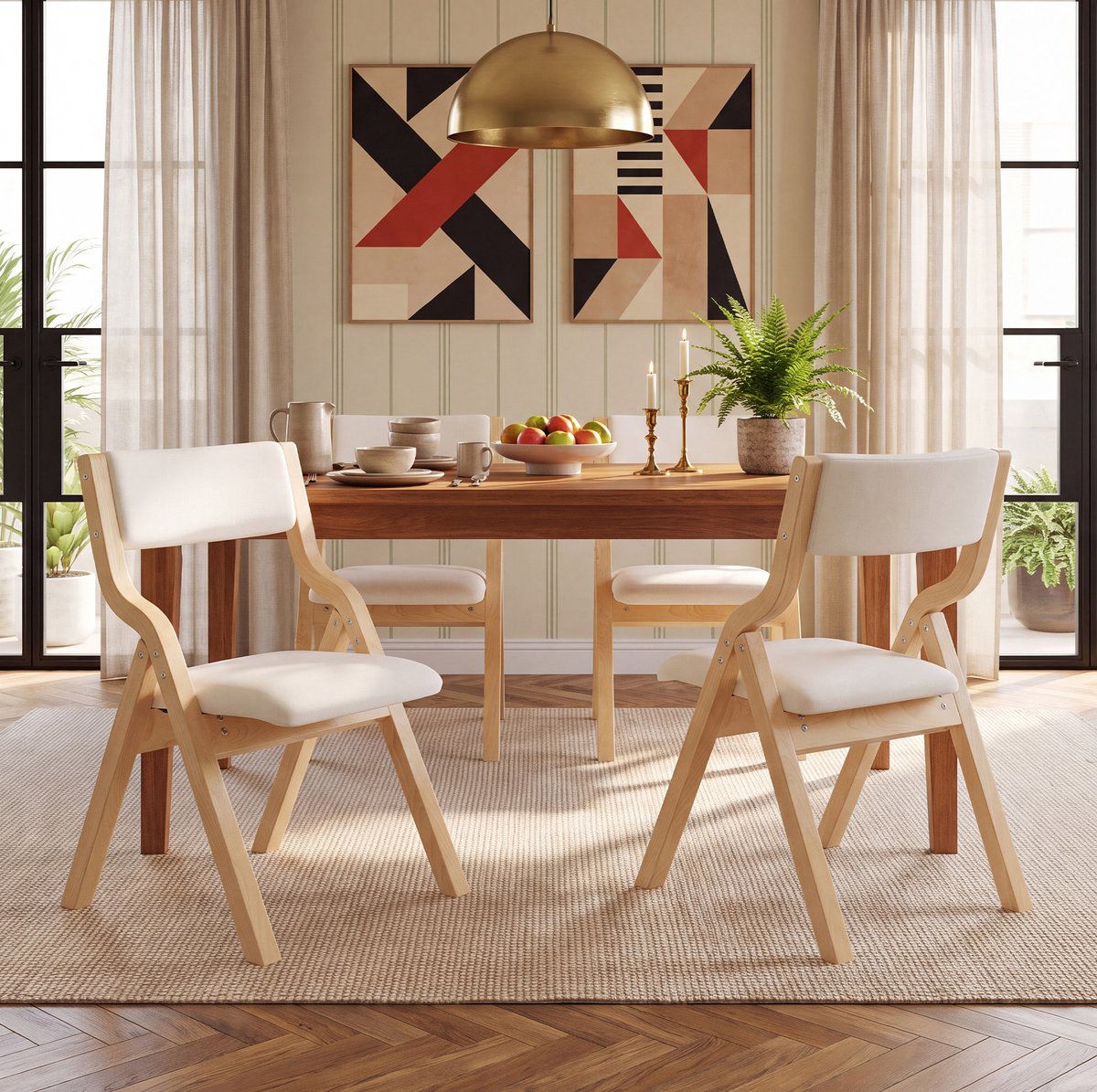 REDOM Eetkamerstoelen set van 4 - Opvouwbaar - Met armleuningen - Gewatteerde linnen zitting - Houten onderstel - Beige - 55 x 49 x 81 cm