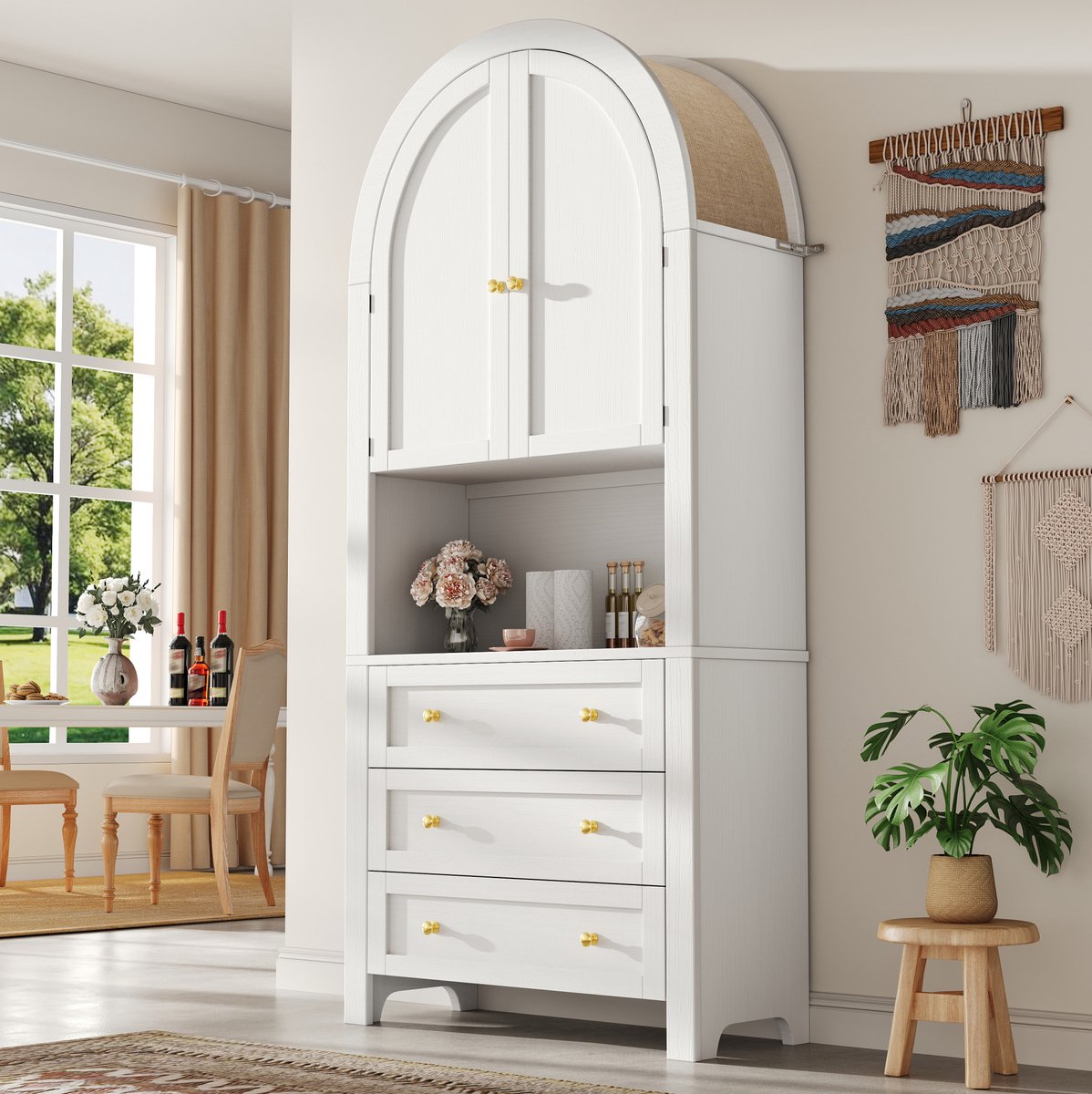 MEUNIQ Hoge witte buffetkast 70 x 35 x 180 cm met boogvormige deuren, open displayvak en 3 lades voor keuken of woonkamer