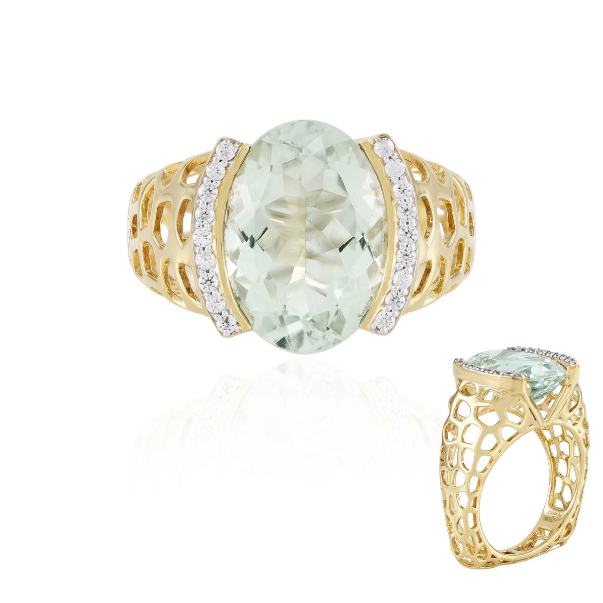 Cavill - Vergulde 925 Sterling Zilveren Ring - Ovale Groene Amethist 5,85 ct - 18 Zirkonia - Modern Open Raster - Elegante Middelbreedte