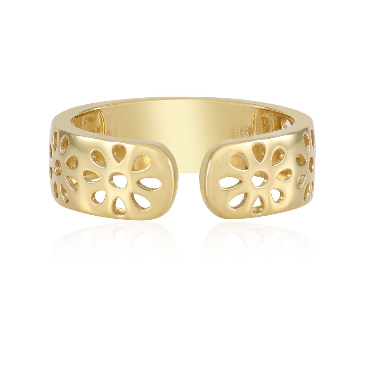 Cavill - Verstelbare Zilveren Ring - 925 Sterling Zilver - Verguld 18K Goud - Opengewerkt Bloemmotief - Elegante Damesring - Modieus Sieraad