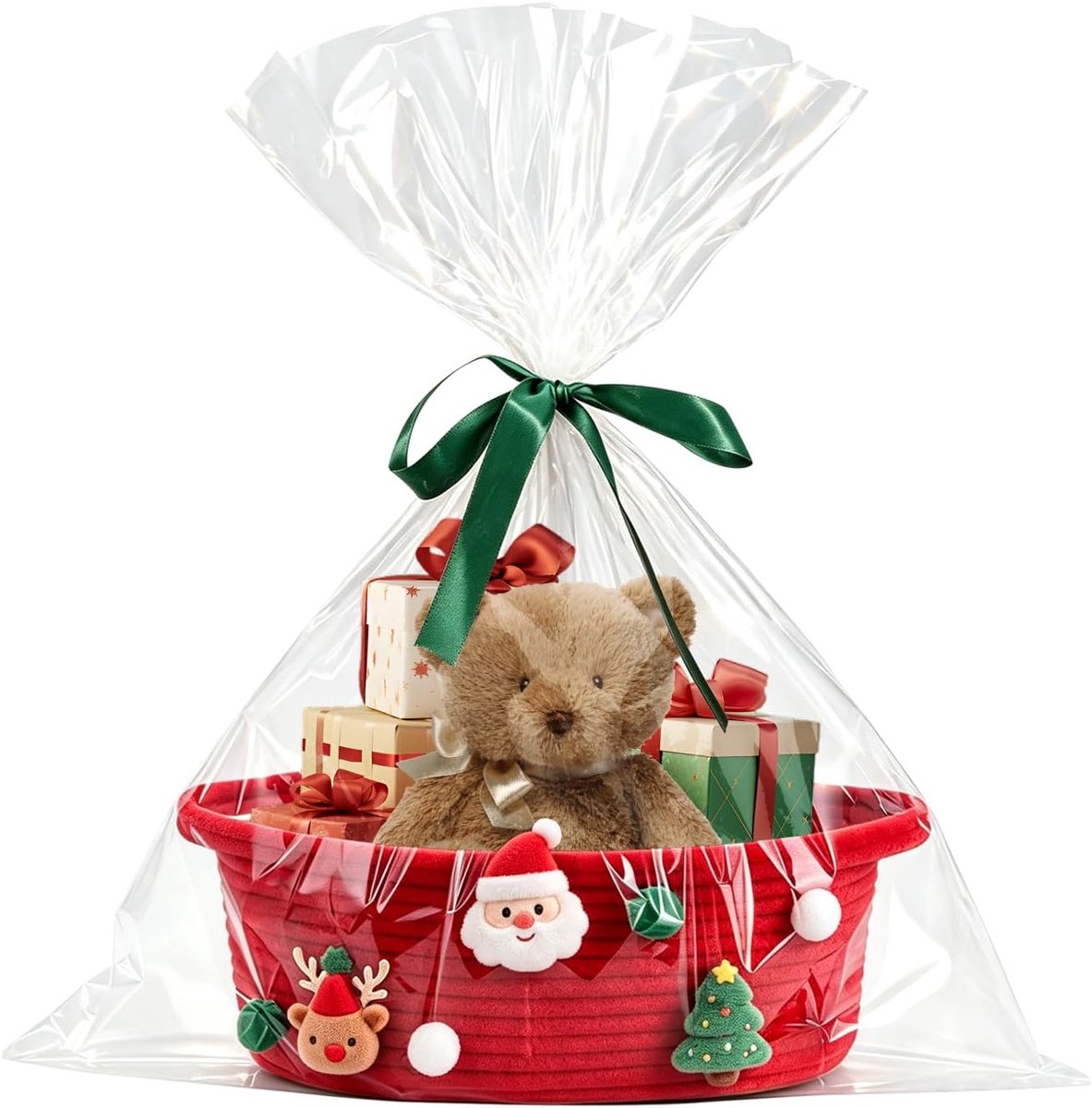 Leeg, 30 x 20 x 12 cm, katoenen touwmand met zakken en lint, handvat, cadeaumand voor verjaardag, bruiloft, babyshower, herbruikbare opbergdecoratiemand voor thuis (rood)
