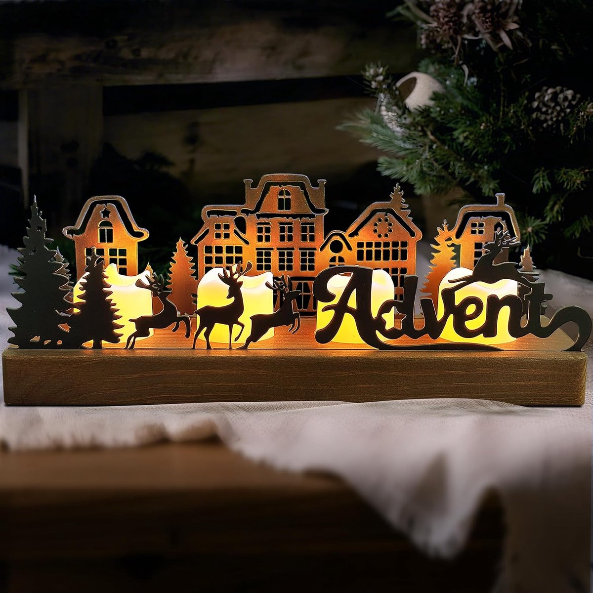 Modern, metalen adventskrans met houten houders, langwerpig, kaarshouder, adventskrans, theelichtjes voor kerstdecoratie, tafel, advent, theelichthouder, adventsdecoratie