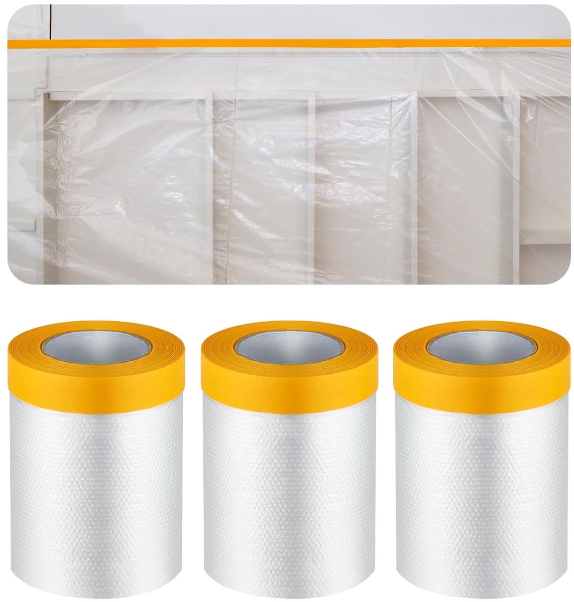 Afdekfolie met plakband 3 rollen afplakband schilder 55 cm x 20 m plakband met folie geschikt voor het beschermen van vloeren, meubels, deuren, ramen en muren bij renovatie en