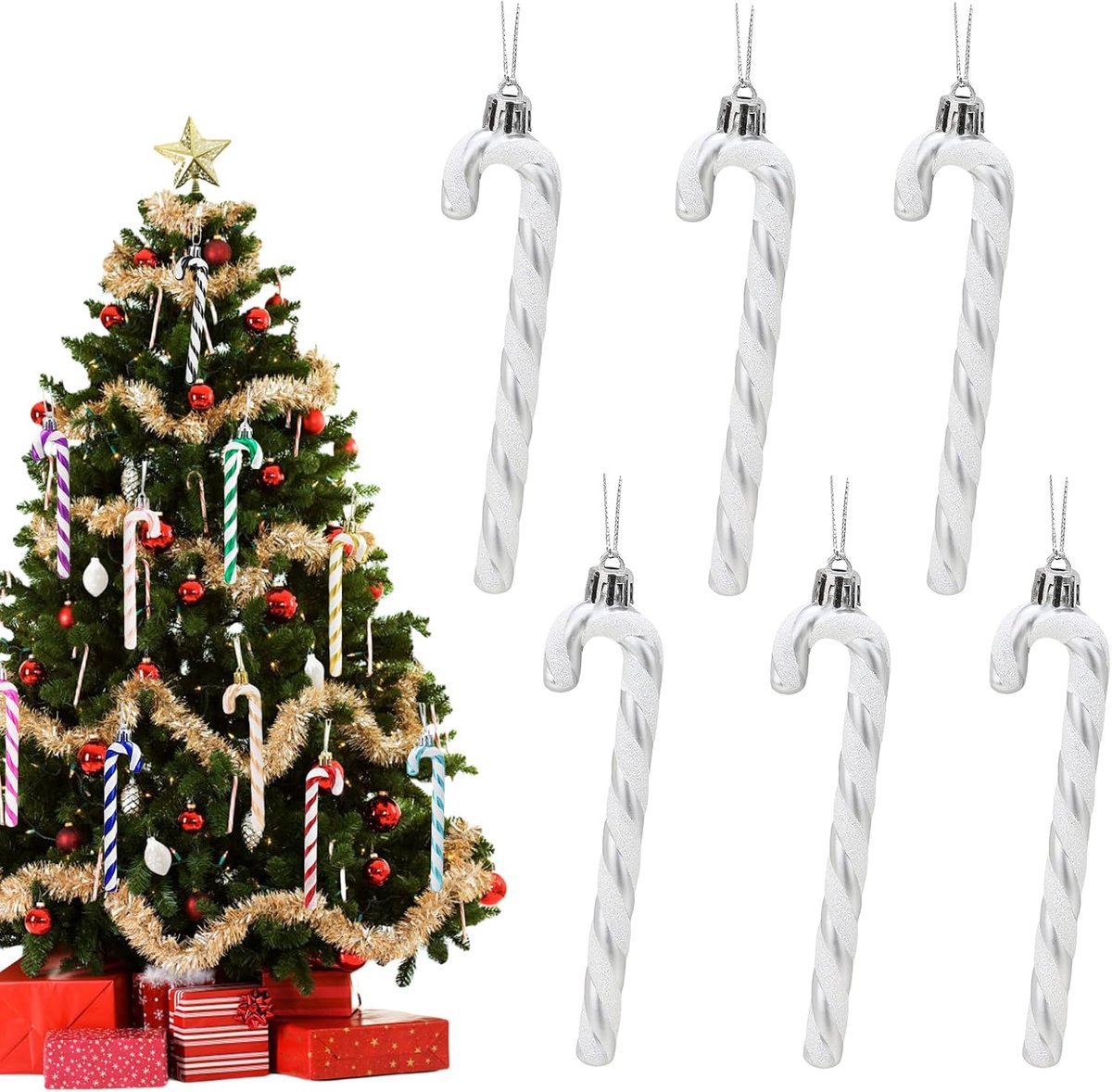 6 stuks 13 cm Kerst Glitter Snoep Riet voor Kerstboom Decoraties, Plastic Snoep Riet Kerstboom Hanger voor Xmas Nieuwjaar Feestbenodigdheden (Zilver)