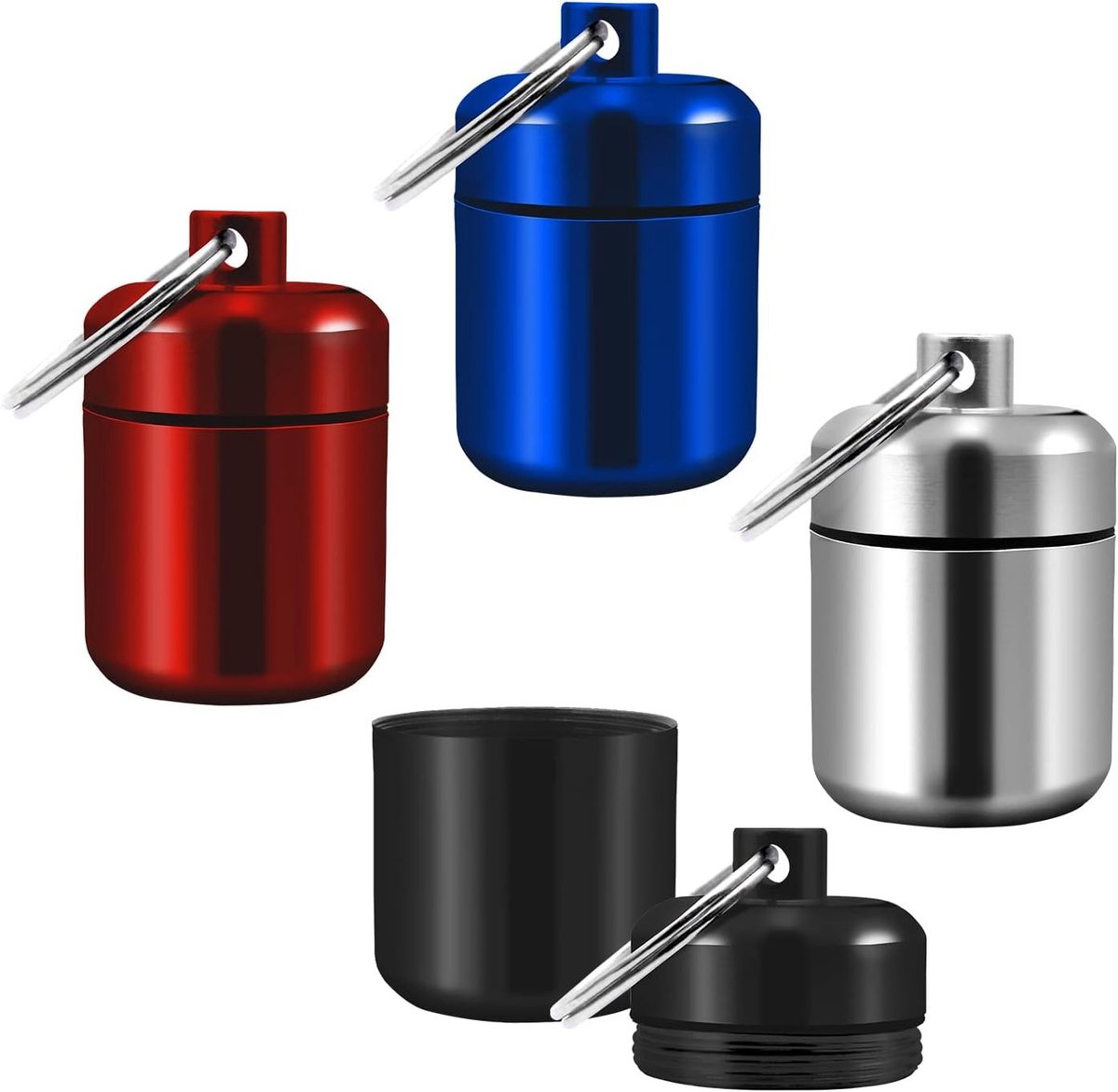 Waterdichte pillendozen sleutelhanger - 4 stuks aluminium pillenbox voor reizen, kamperen en vissen - Compacte tabletopslag in 4 kleuren