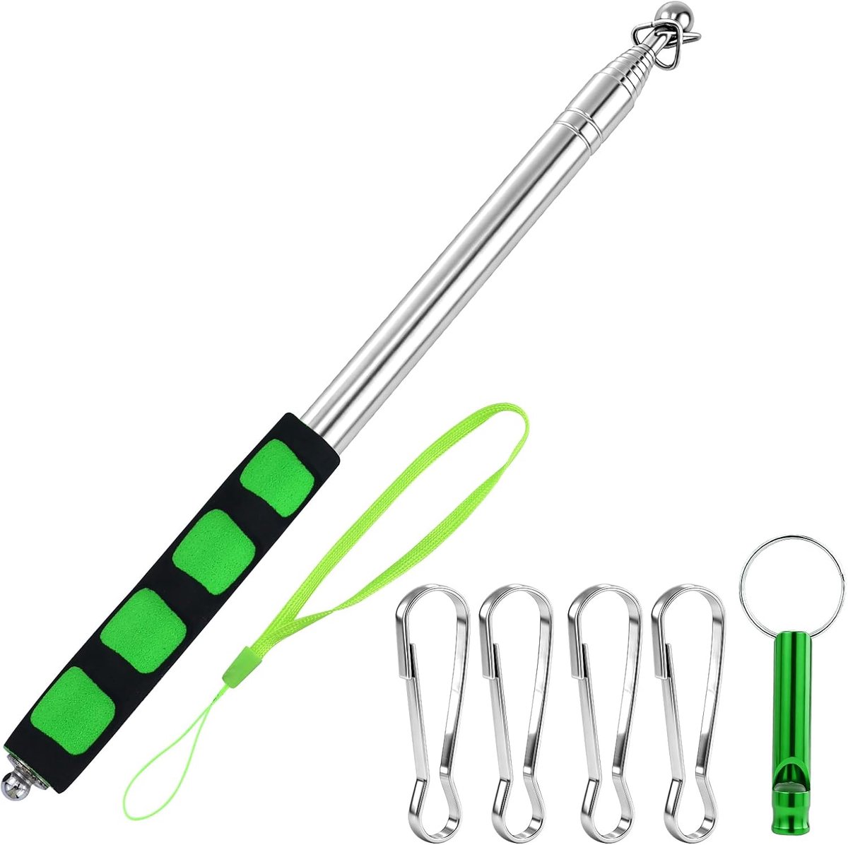 Vlaggenmast 2,0 m van roestvrij staal, inklapbaar, met clip en snavel, antislip handgreep, verstelbare stok, 200 cm, reisgids, camping, evenementen in de open lucht, groen