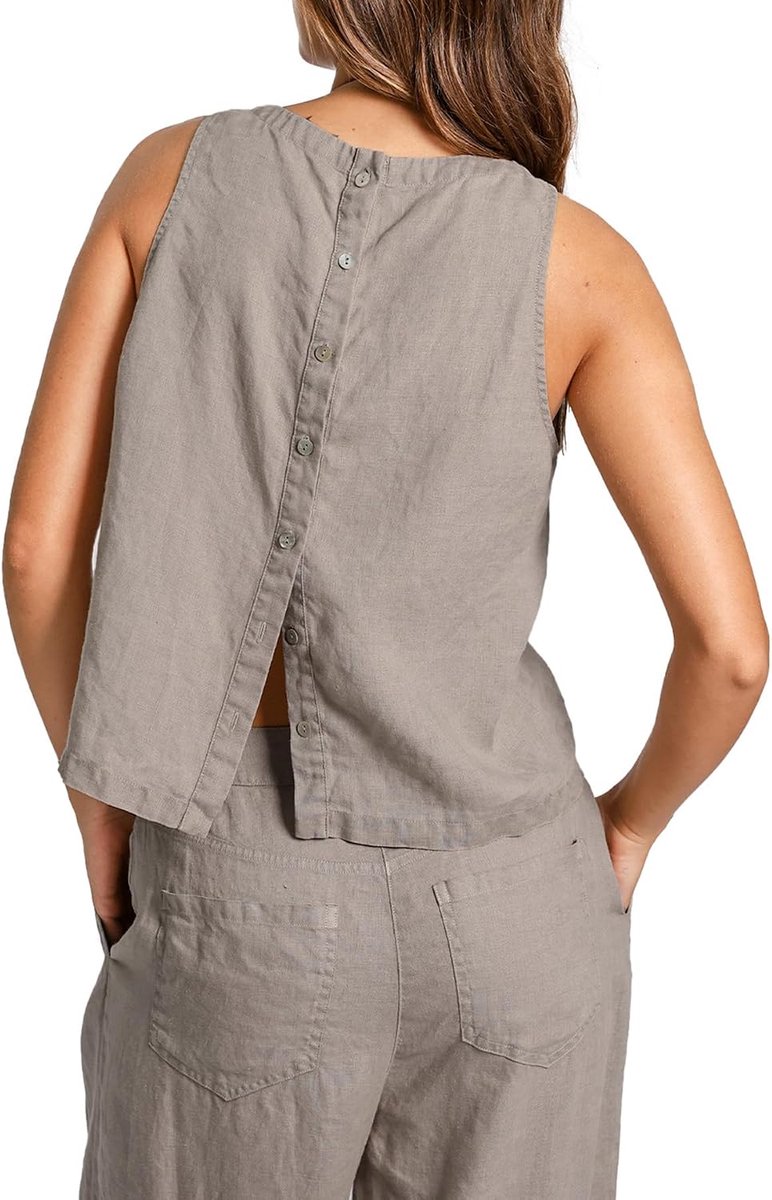 Tanktop voor dames, linnen zomertops, korte mouwloze tanktop, ronde hals, tanktops, blouseshirt, zomertops, losse linnen blouse, T-shirt, knopen, rug, vrije tijd
